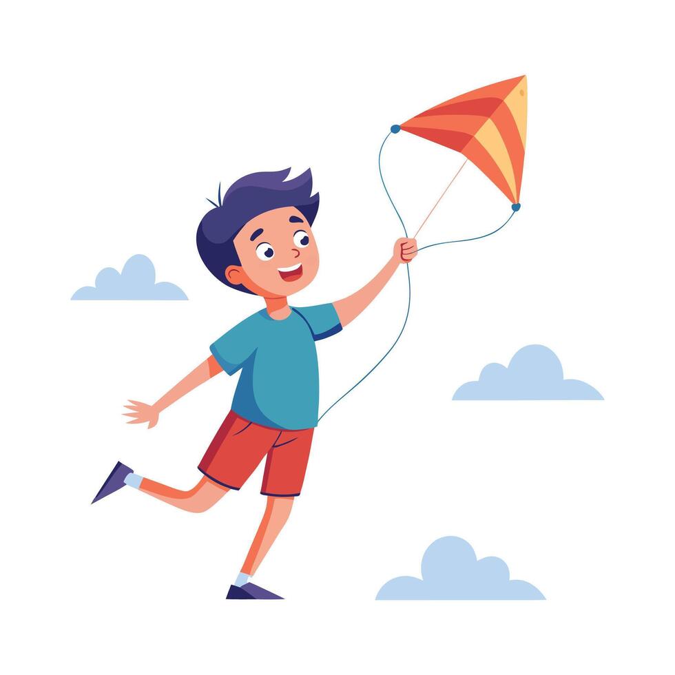 Boy Running While Flying a Colorful Kite vector