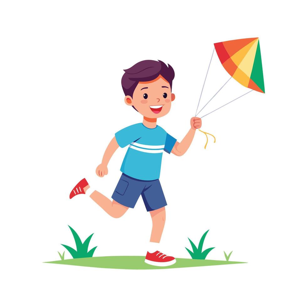 Active Boy Running with a Flying Kite Illustration vector