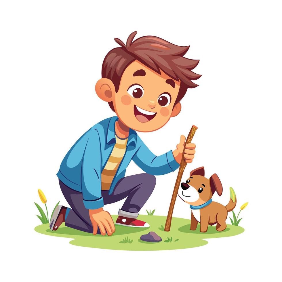 Boy Crouched Down Playing with Puppy vector