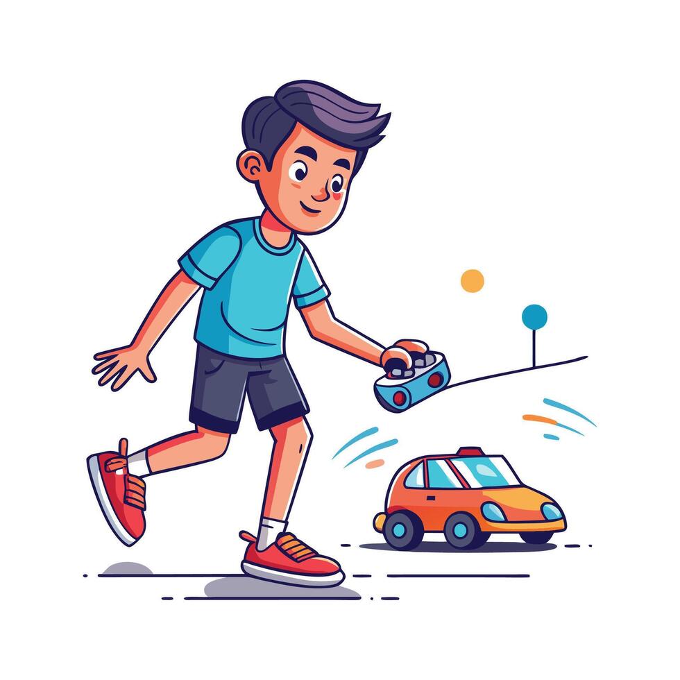 Excited Boy Designing with Remote Control Car vector