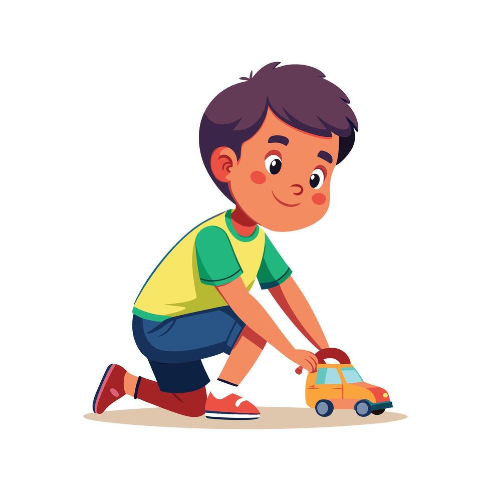 Boy Kneeling While Playing with Toy Car vector