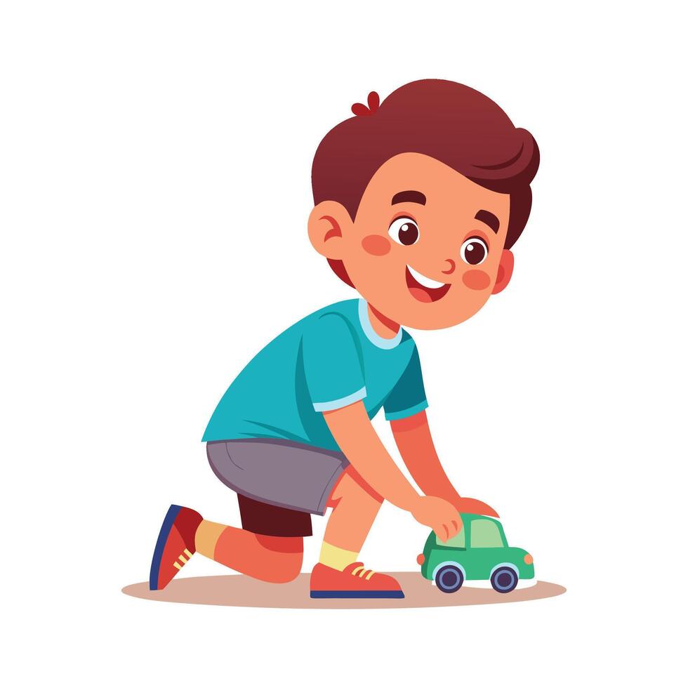 Active Boy Kneeling While Engaging with Toy Car vector