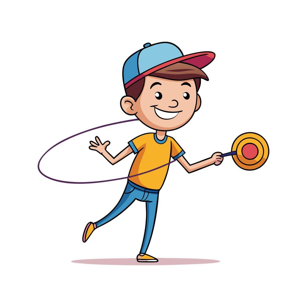 Boy Skillfully Playing with a YoYo Outdoors. vector
