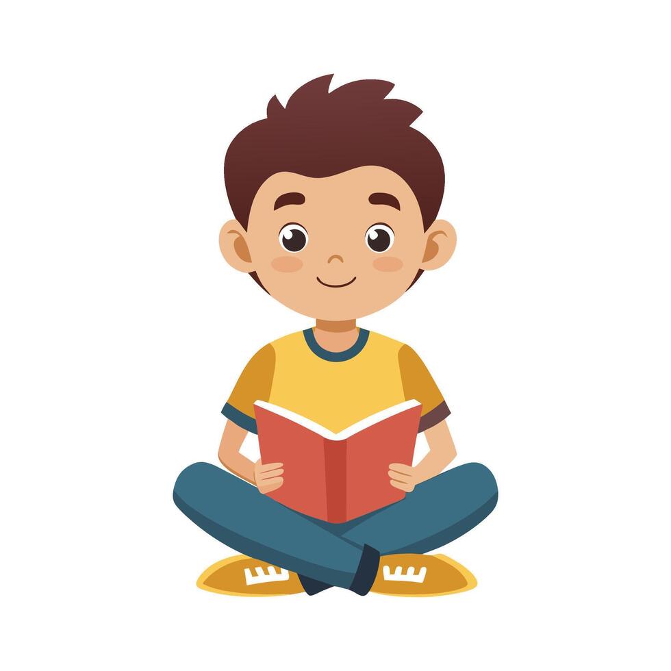 Imaginative Boy Sitting CrossLegged Reading vector