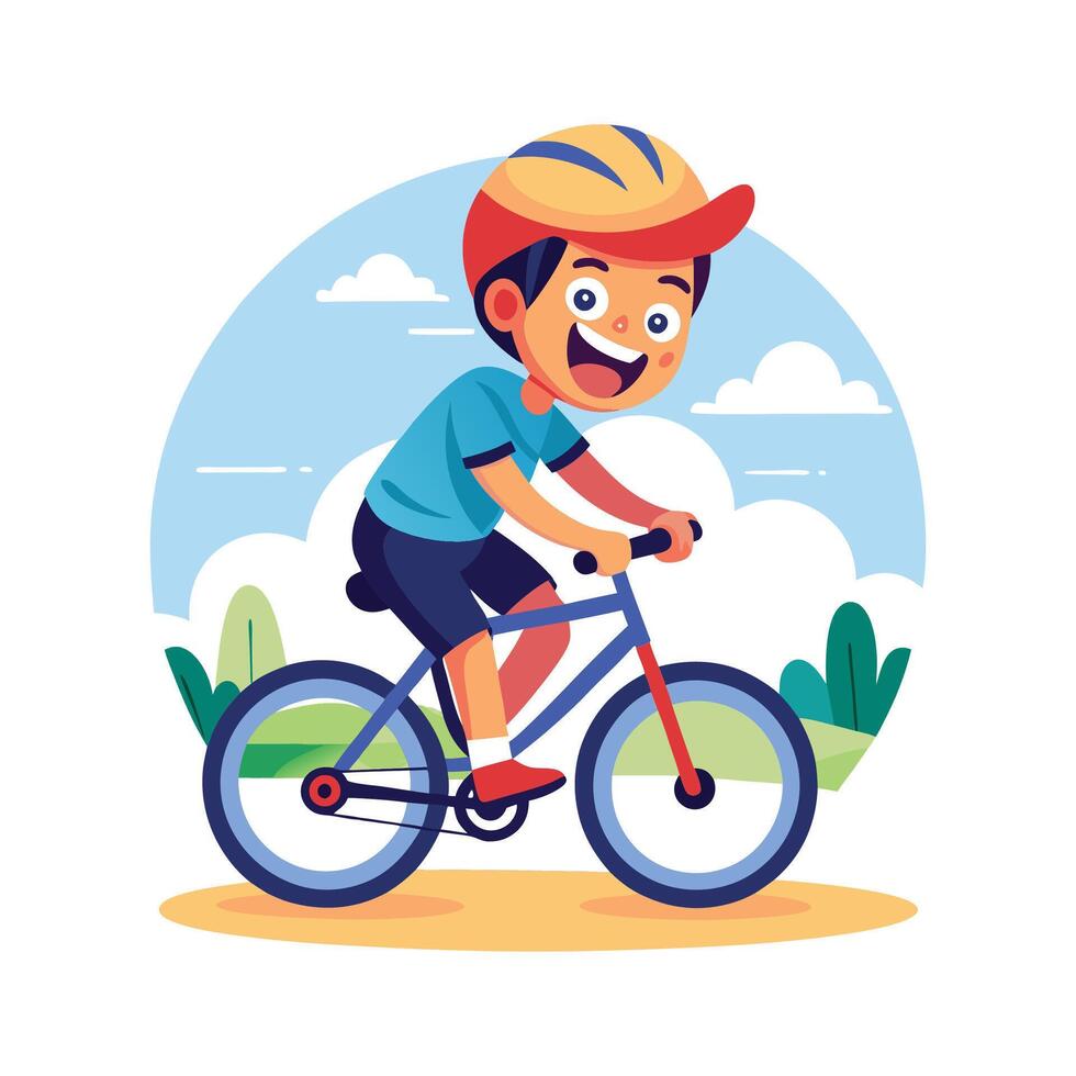 Cheerful Boy Riding His Bicycle with Excitement vector