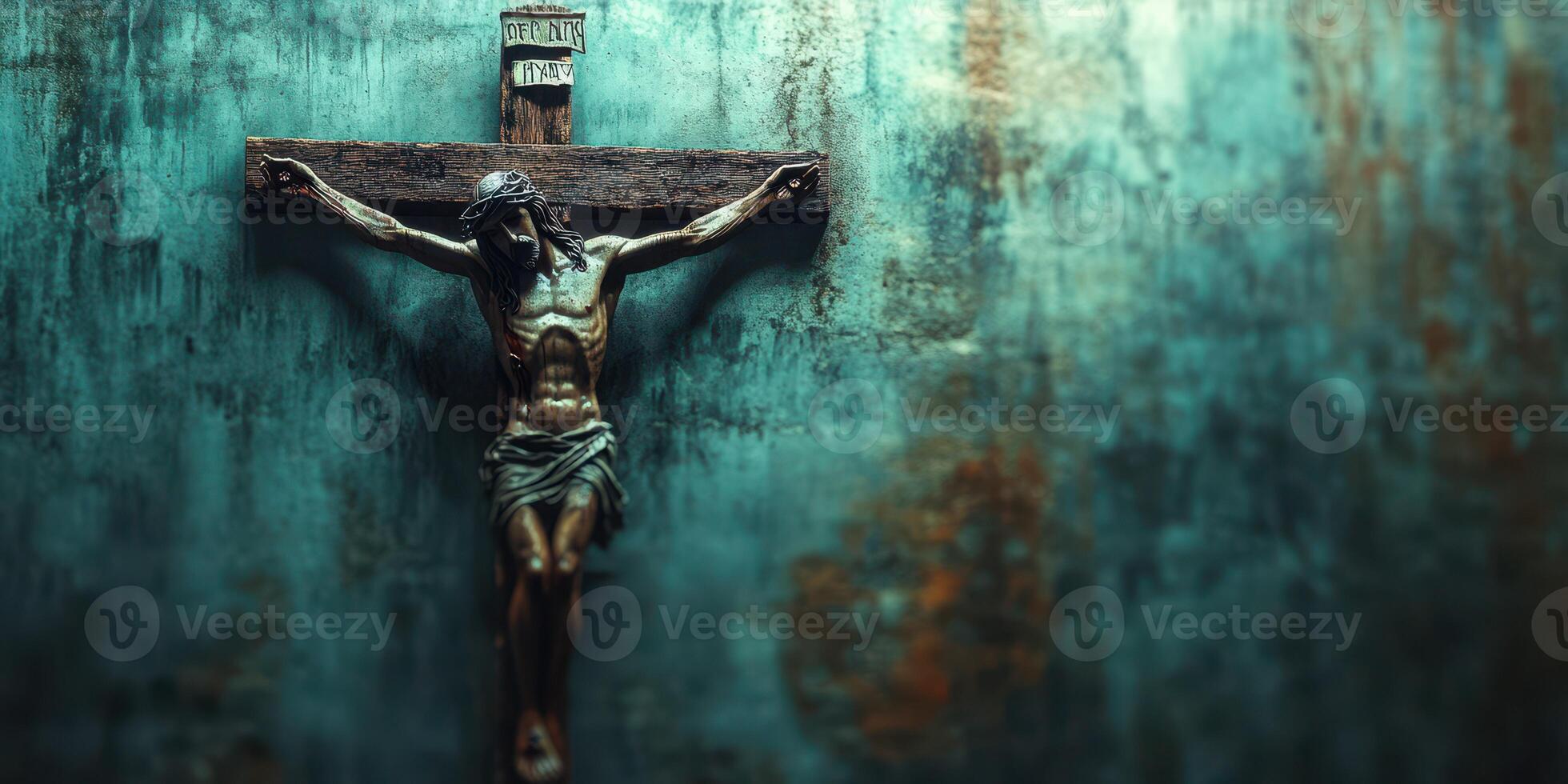 Detailed crucifix depicts Jesus on the cross against a textured blue-green wall in a serene setting photo