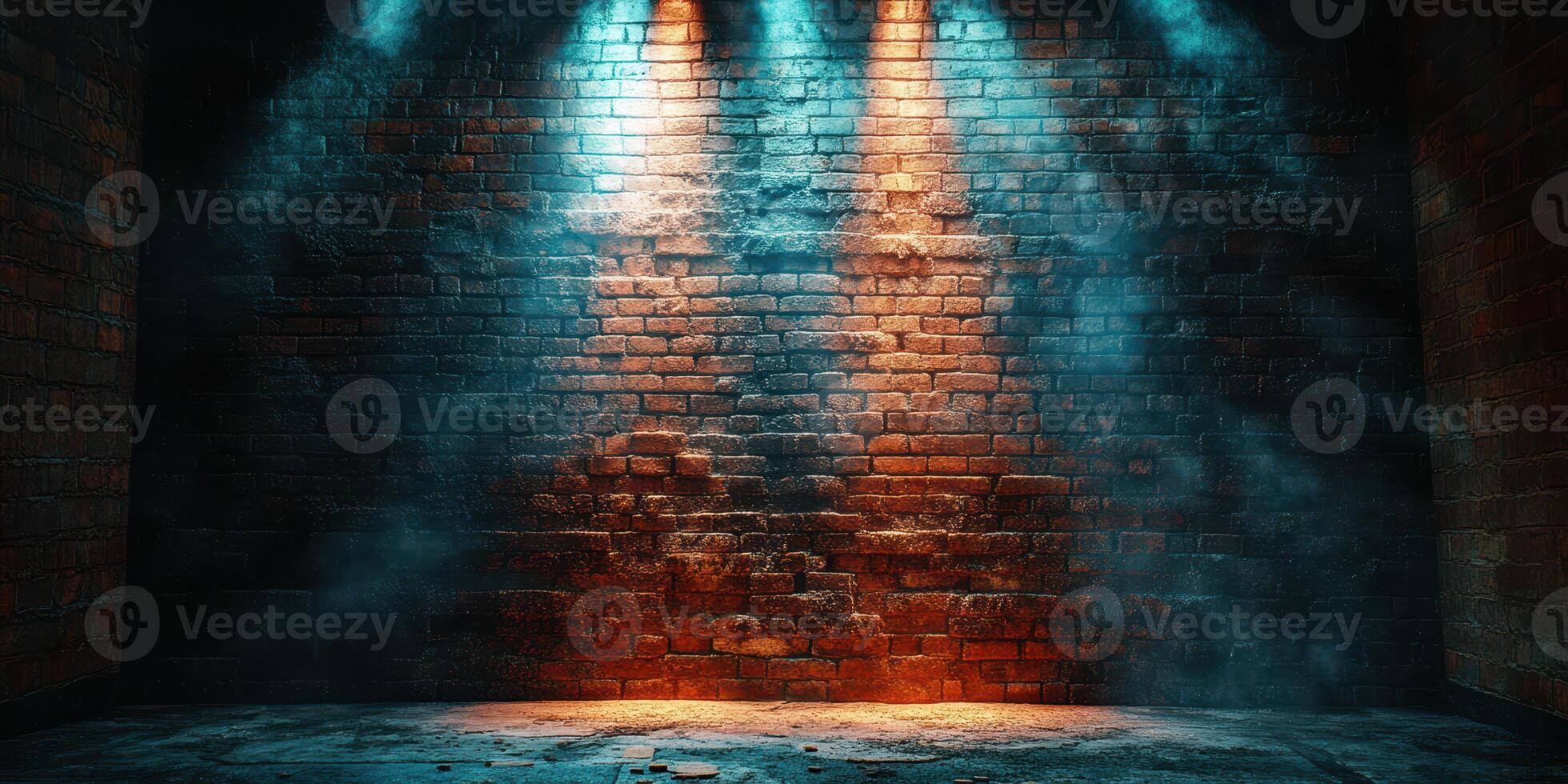 Vividly illuminated brick wall creates a dramatic atmosphere for performances or artistic displays photo