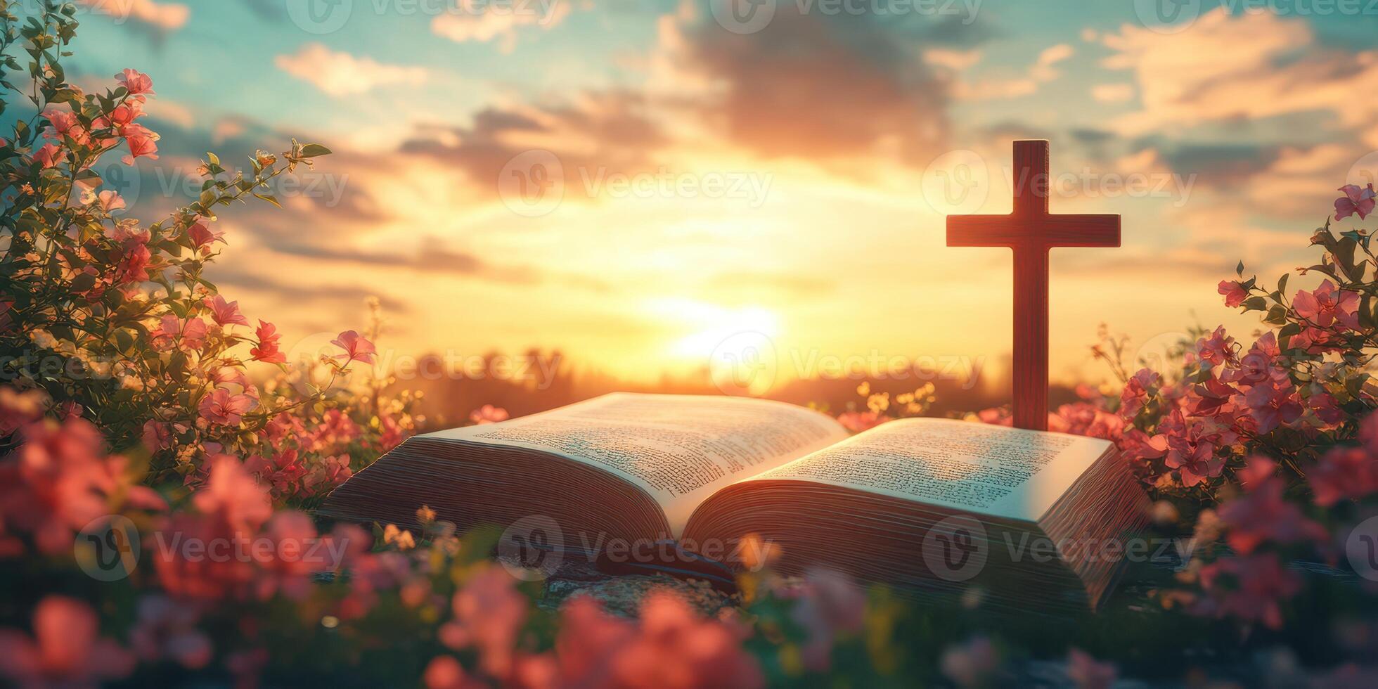 Inspirational sunrise over a Bible and cross nestled among blooming flowers in a tranquil landscape photo