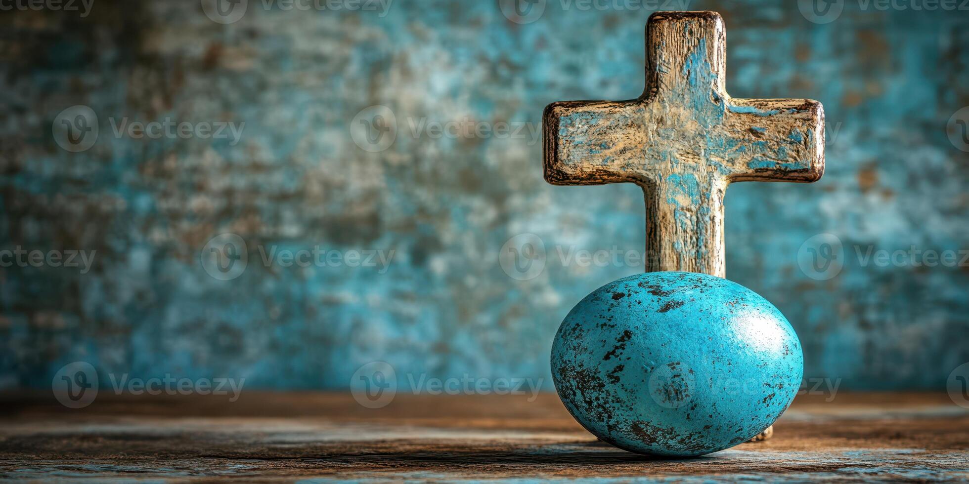 Rustic wooden cross beside a vibrant blue Easter egg on a textured background photo