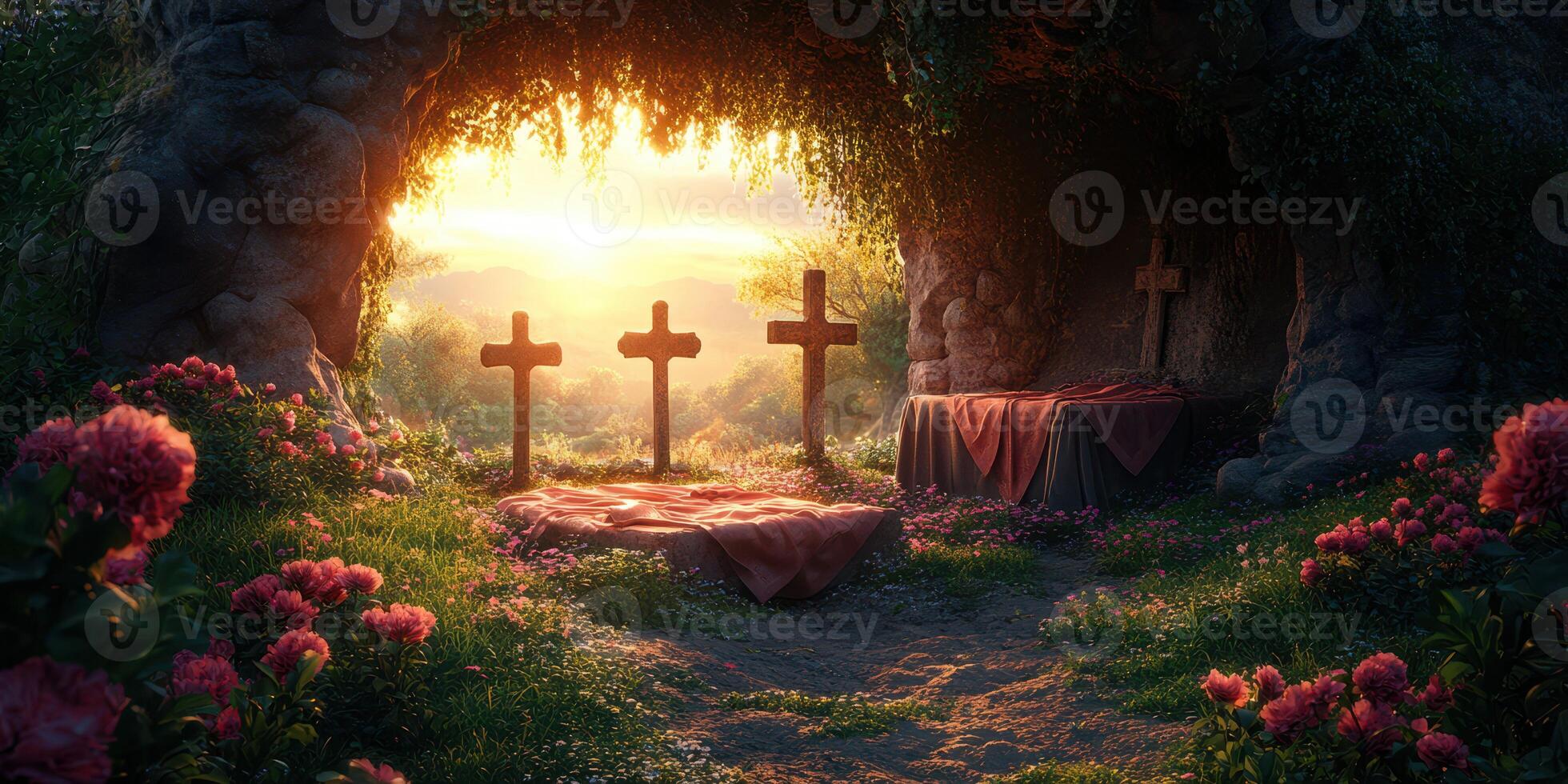 Dramatic sunrise illuminates a burial cave with crosses and flowers in a serene landscape photo