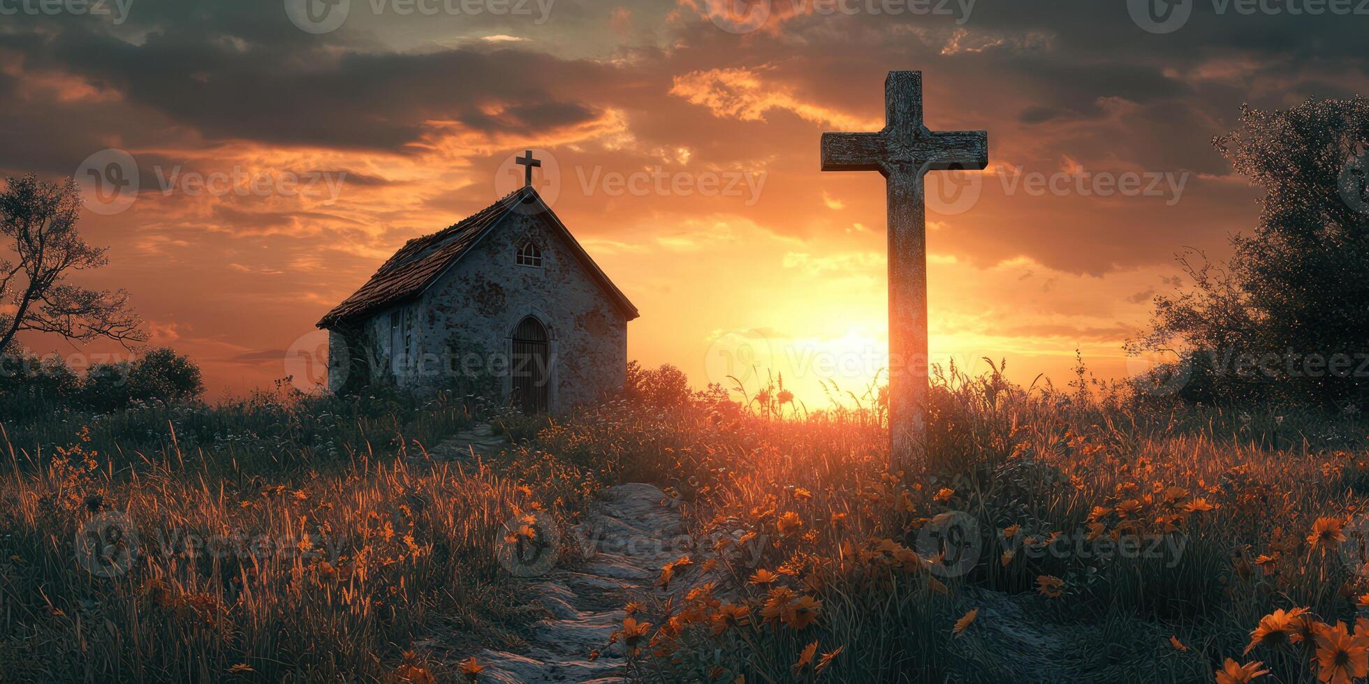 Sunset view of a rustic chapel with a cross surrounded by wildflowers in a peaceful landscape photo