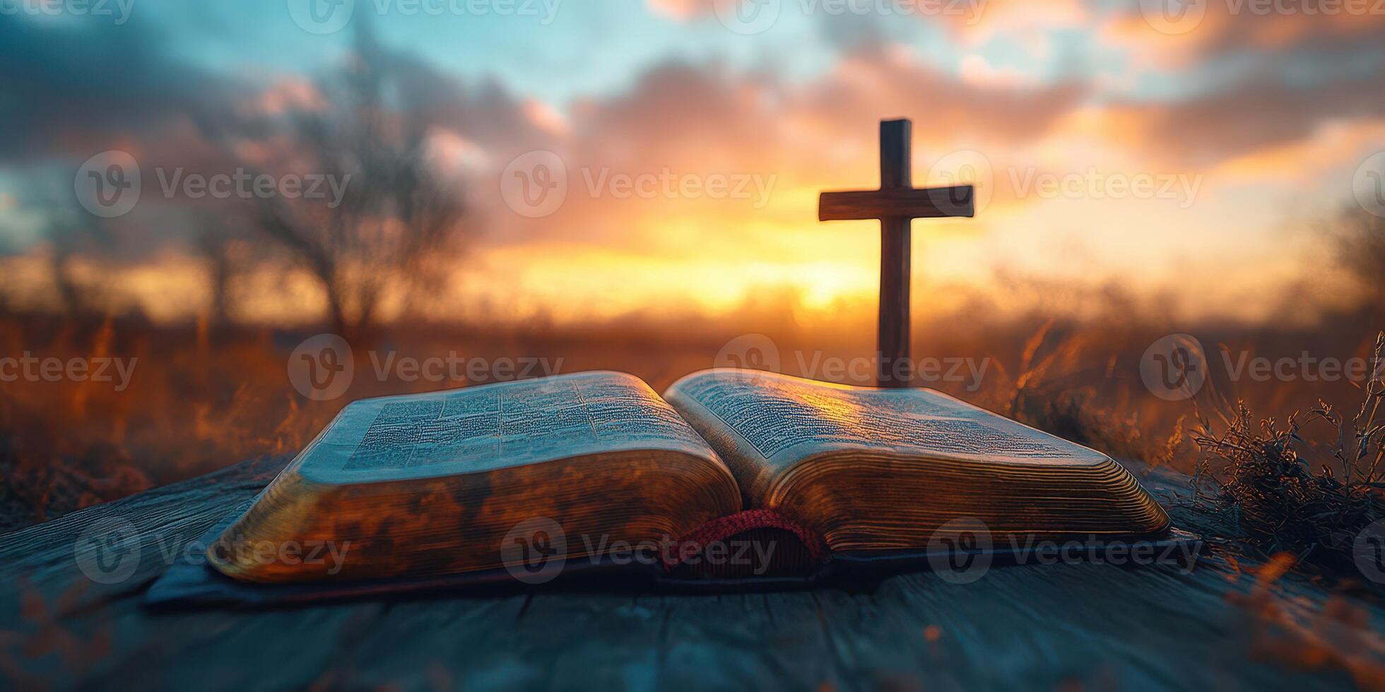 Beautiful sunset with an open Bible and cross in a serene outdoor setting at evening time photo