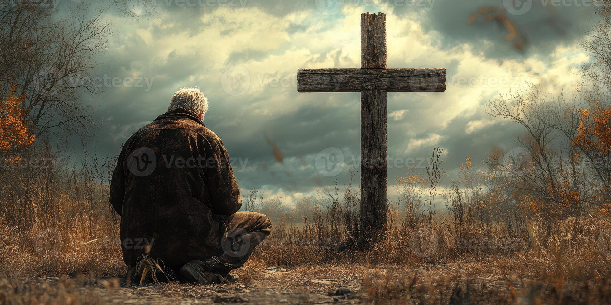 Man kneeling in reflection before a wooden cross in a serene autumn landscape under a dramatic sky photo