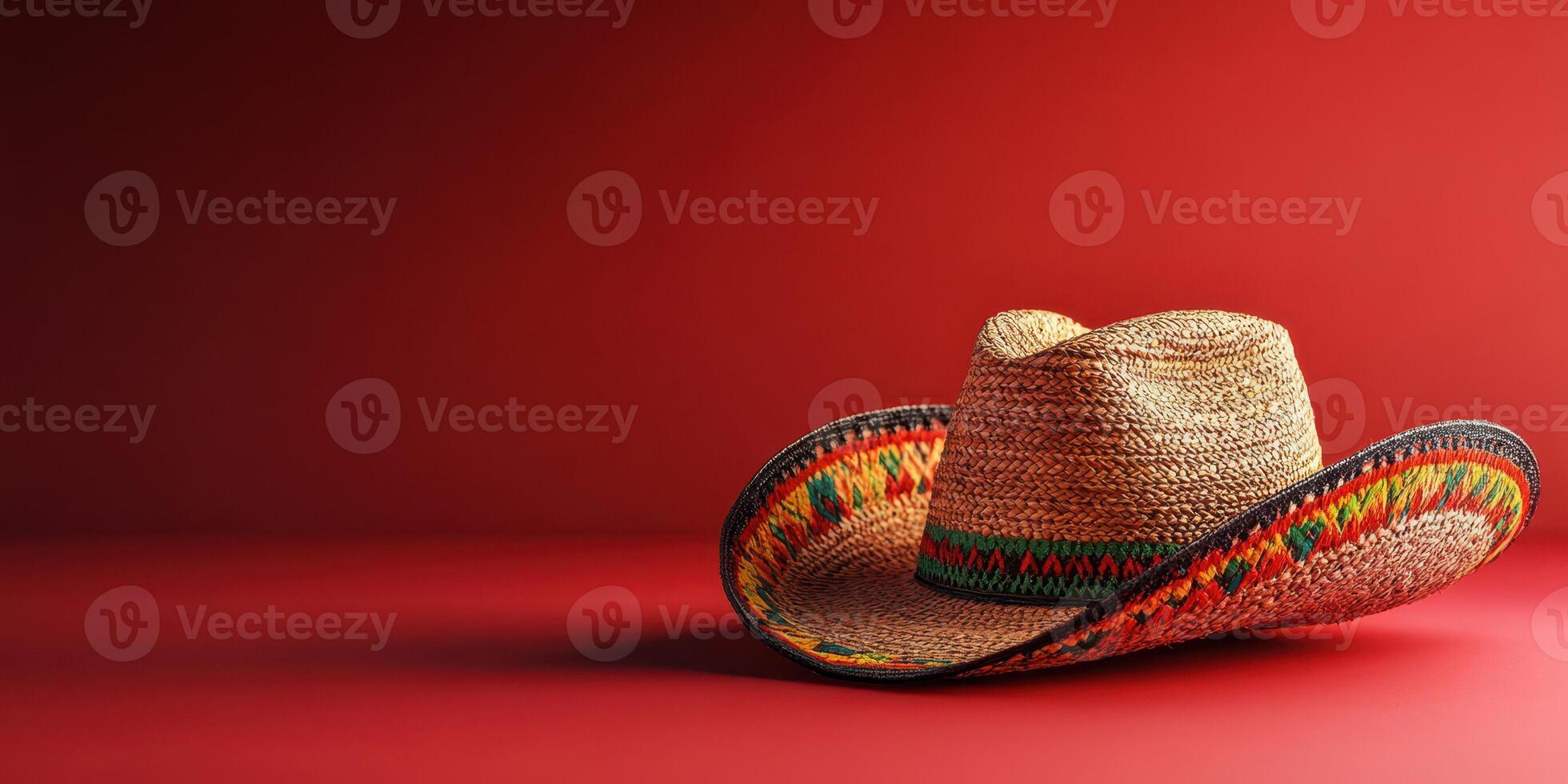 Colorful straw hat resting on a solid red background with traditional patterns visible photo