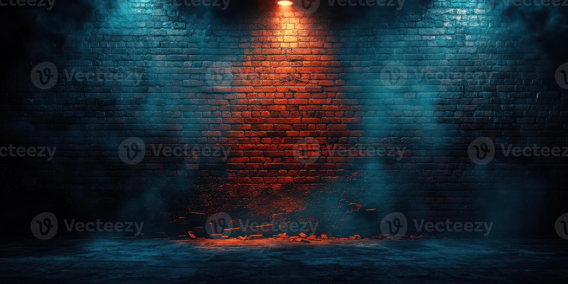 Mysterious alleyway illuminated by contrasting lights and shrouded in haze at night photo