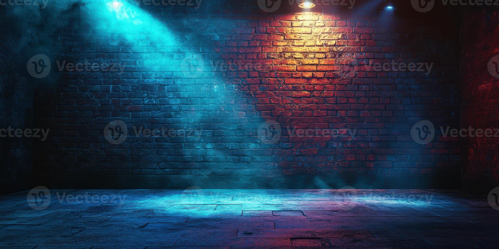 Dynamic lighting effects illuminate empty venue with smoke in vibrant blue and orange tones photo