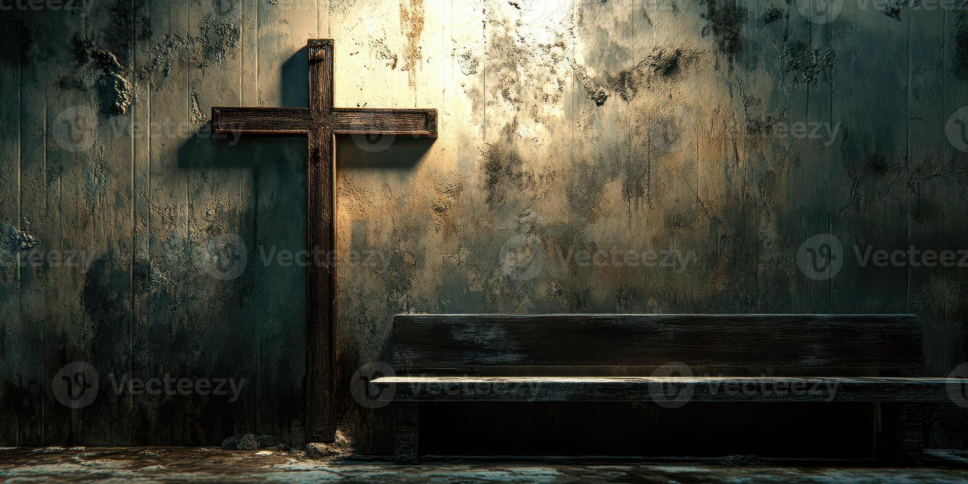 Dark atmosphere with a wooden cross and worn bench in an abandoned space during evening light photo