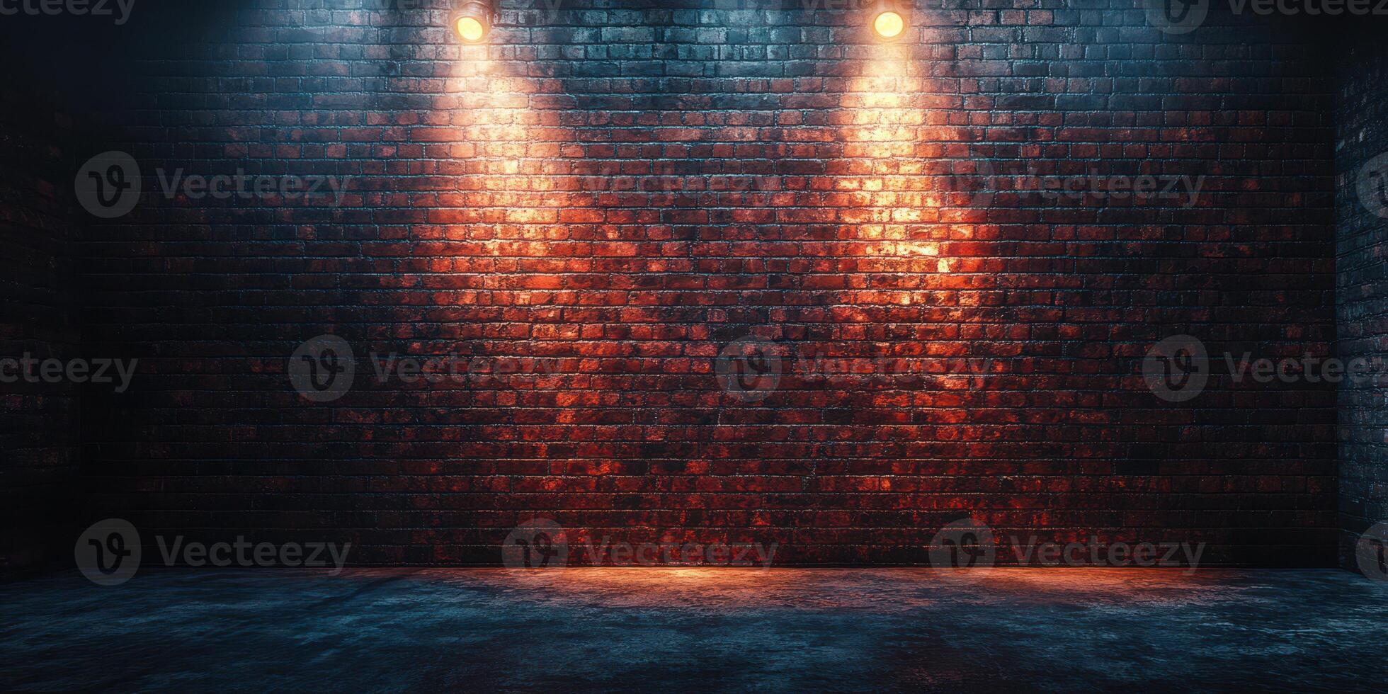 Dramatic lighting highlights textured brick wall in an urban setting during nighttime photo