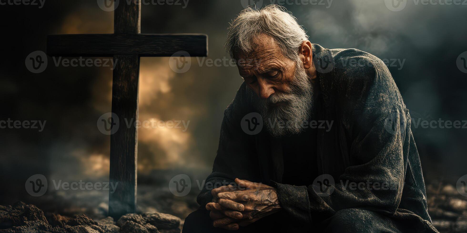 Elderly man in deep contemplation near a cross in a somber, atmospheric setting with dark clouds and smoke photo