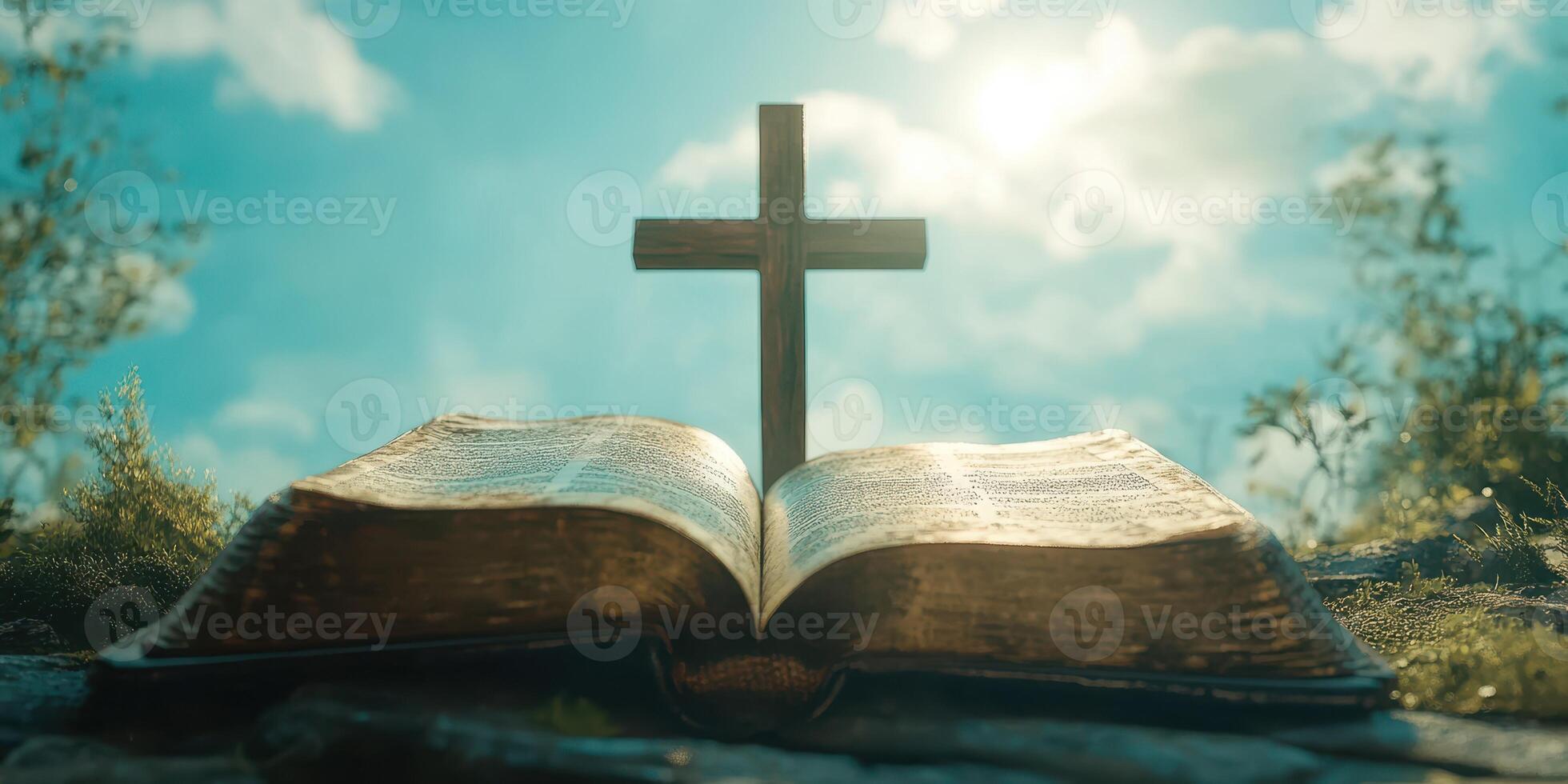 Open sacred book with cross against bright sky at serene outdoor location photo