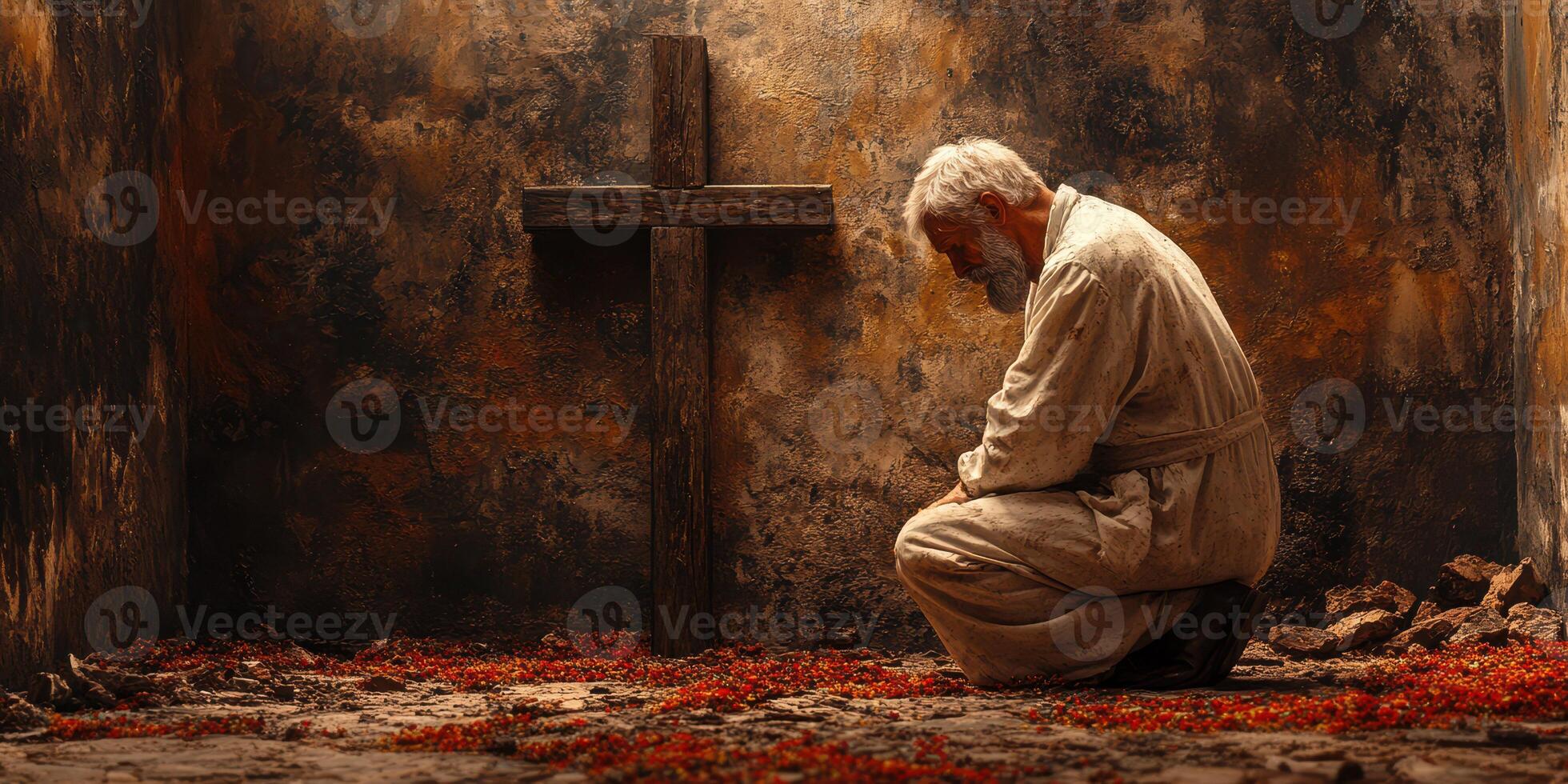 Elderly man kneels in a desolate space, surrounded by red flowers and a wooden cross photo