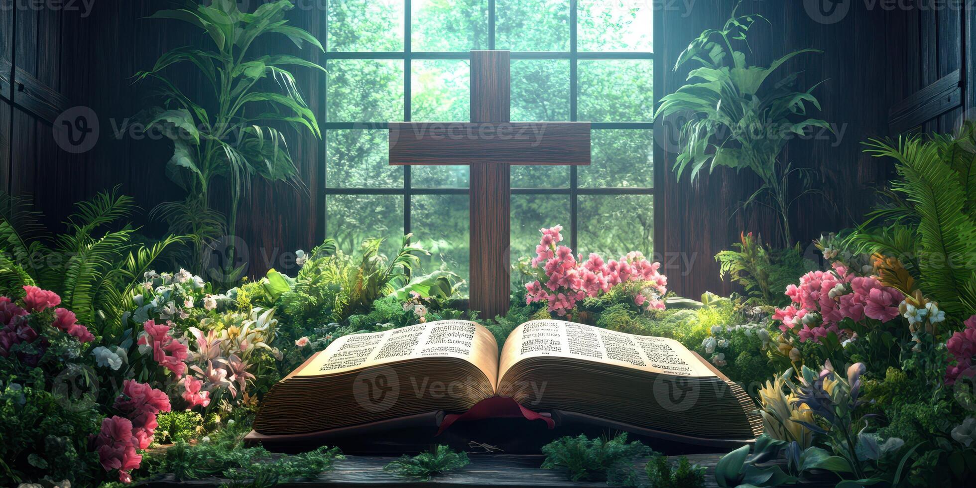 Beautifully arranged open Bible with a wooden cross surrounded by vibrant flowers and plants in a serene room with natural light photo