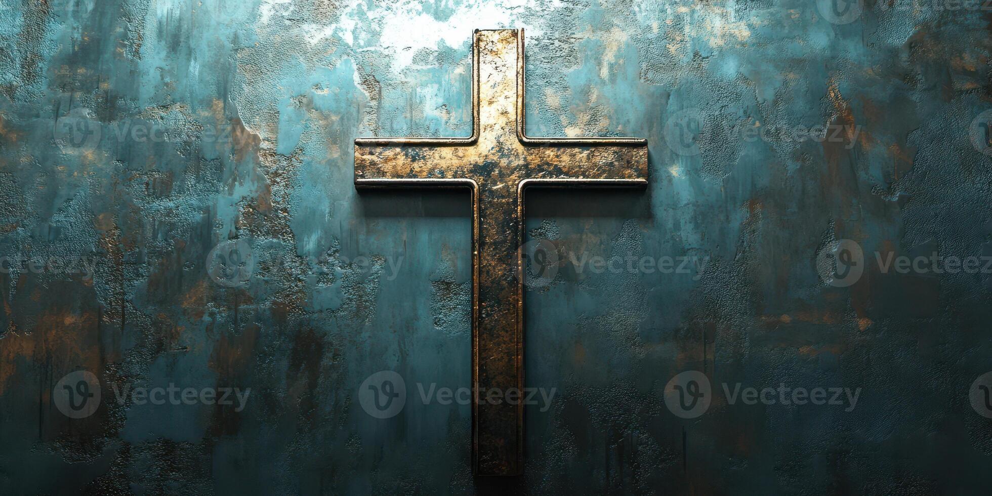 Distinctive metallic cross against a textured blue and bronze wall creates a spiritual atmosphere in a contemplative space photo