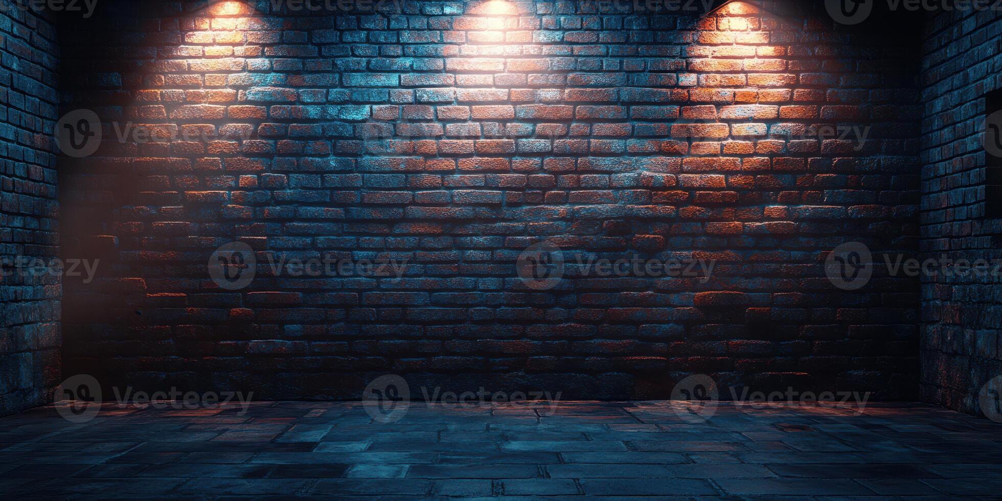 Mysterious brick wall illuminated by soft lights in a dimly lit space photo