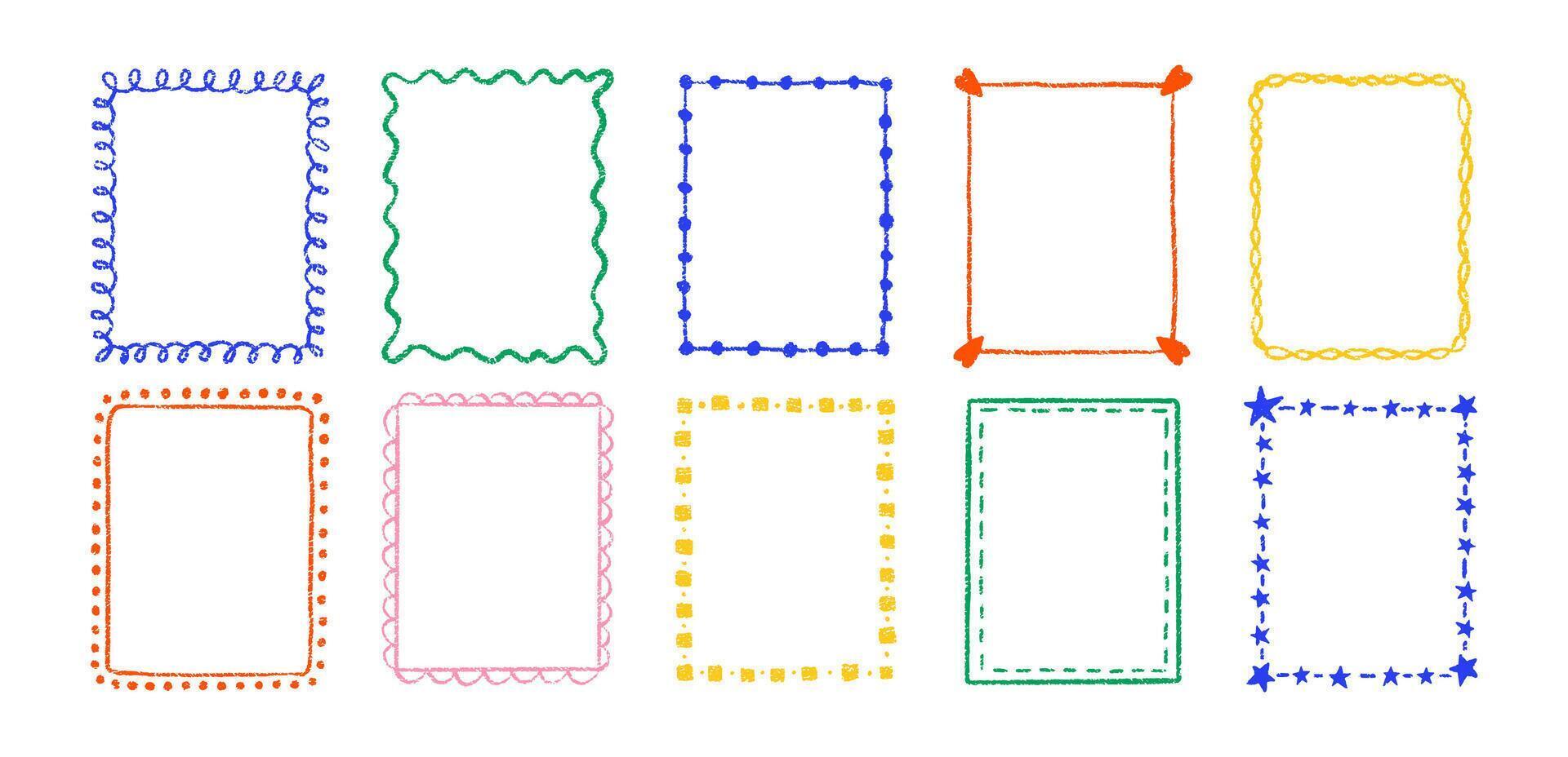 Set of outline squiggle frames with crayon, chalk or pastel texture. Design elements for photo decoration. Color illustration isolated on a white background. vector