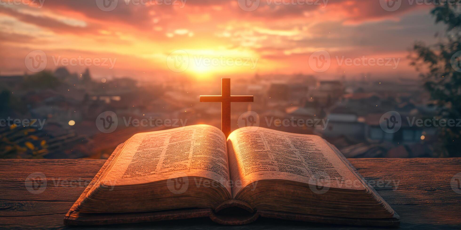 Sunset view of an open Bible with a cross, symbolizing faith and reflection in a tranquil landscape photo