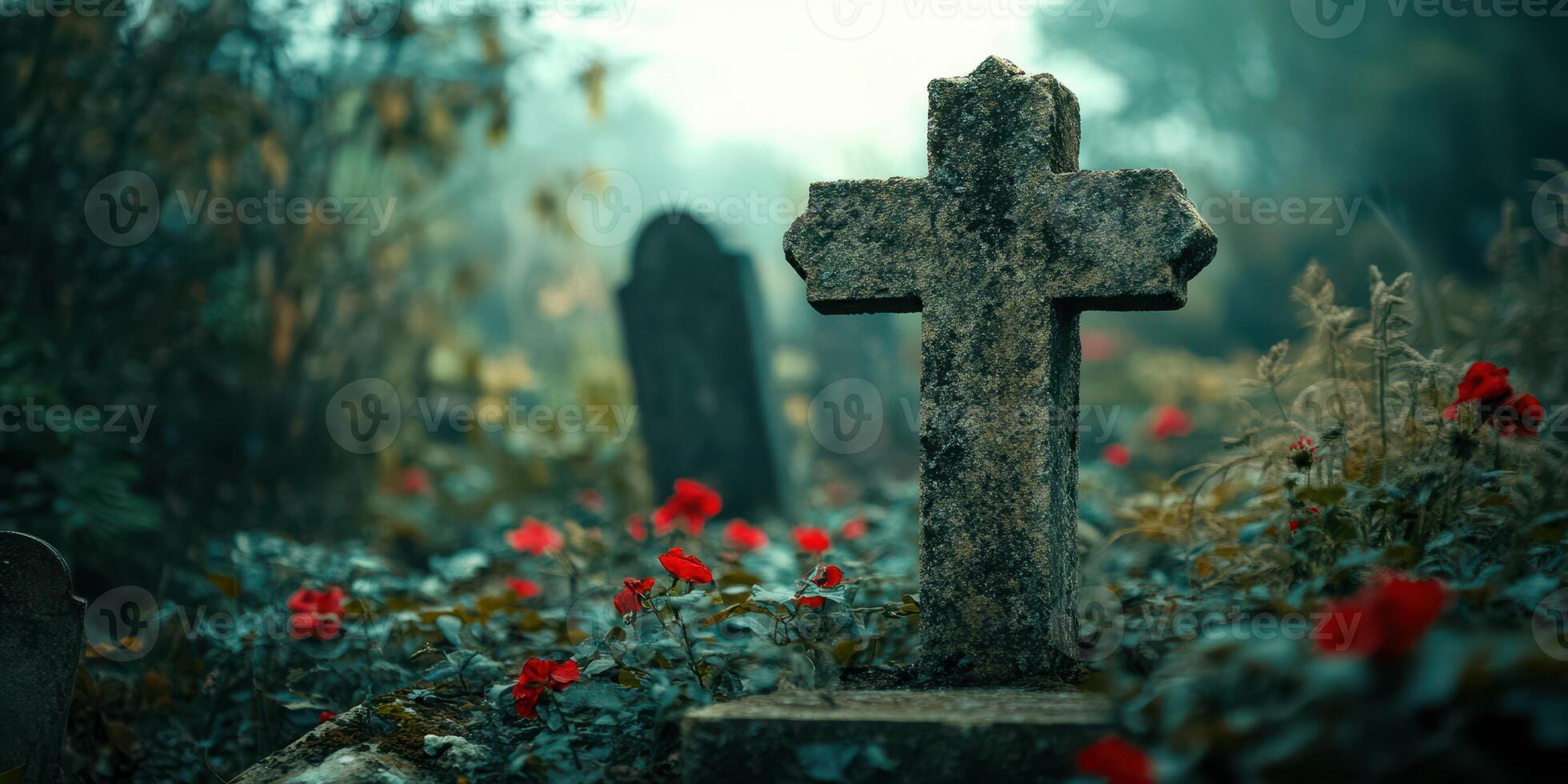 Misty graveyard with weathered cross and blooming red roses accentuating a serene and reflective atmosphere photo