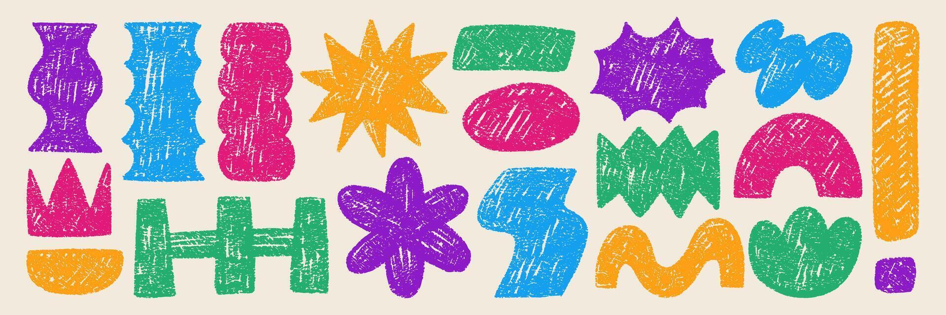 Set of abstract funky shapes with crayon, pastel or chalk texture. Star, flower, wave, label and oval in retro style. Color illustration. vector