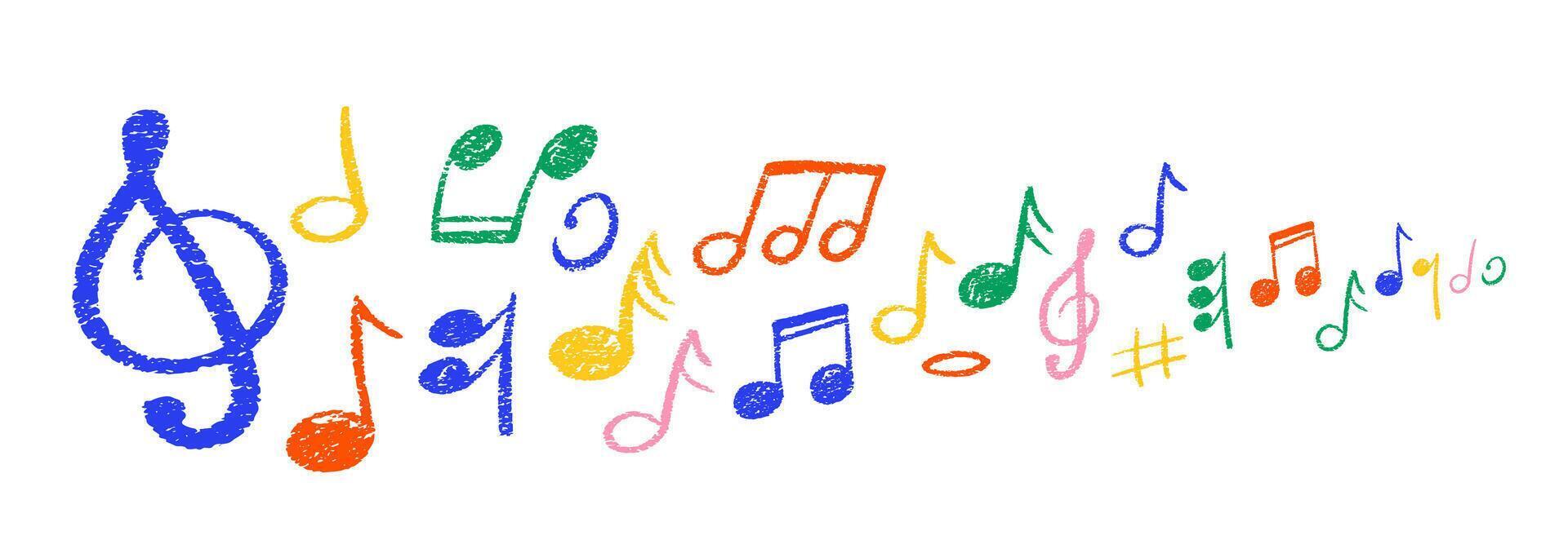 Set of hand drawn music notes with crayon, pastel or chalk texture. Monochrome musical notes wave. Cute doodle elements for kids or decorations. Color illustration on a white background. vector