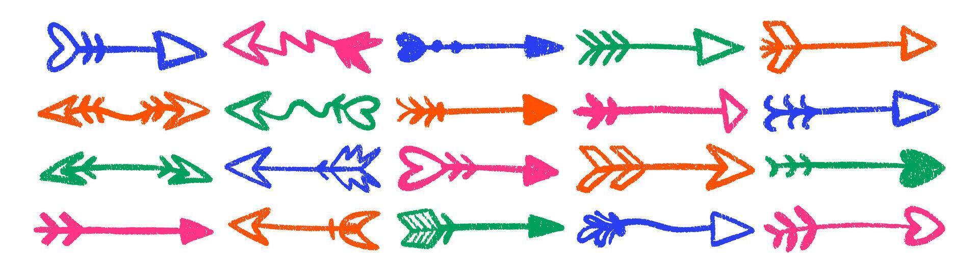 Set of doodle arrows with decoration with crayon, pastel or chalk texture. Cute hand drawn elements. Color illustration isolated on a white background. vector