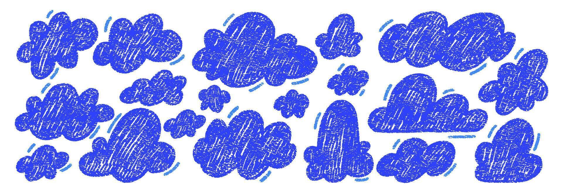 Set of hand drawn cloud with crayon or chalk texture. Cute blue shapes in sketch style. Children illustration on a white background. vector