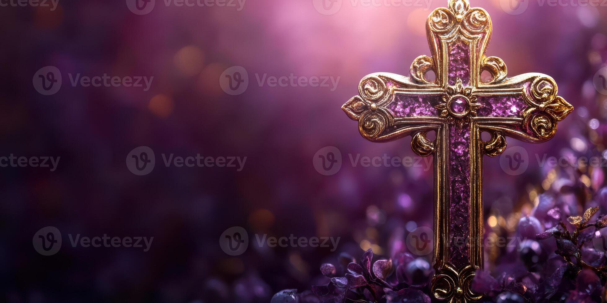 Golden cross adorned with gemstones shines against a purple backdrop, symbolizing spirituality and faith photo