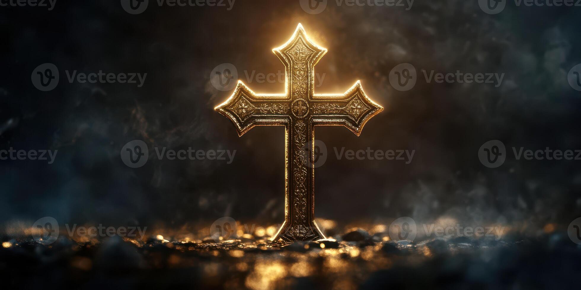 Golden cross illuminated by soft light in a dark, misty environment creating a serene atmosphere photo