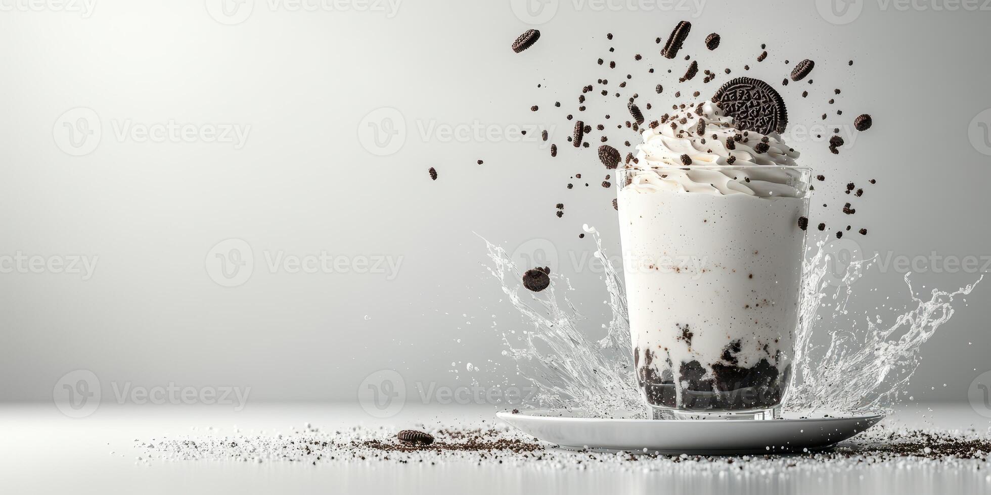 Delicious milkshake with cookies splashes against a light background during a creative food photography session photo