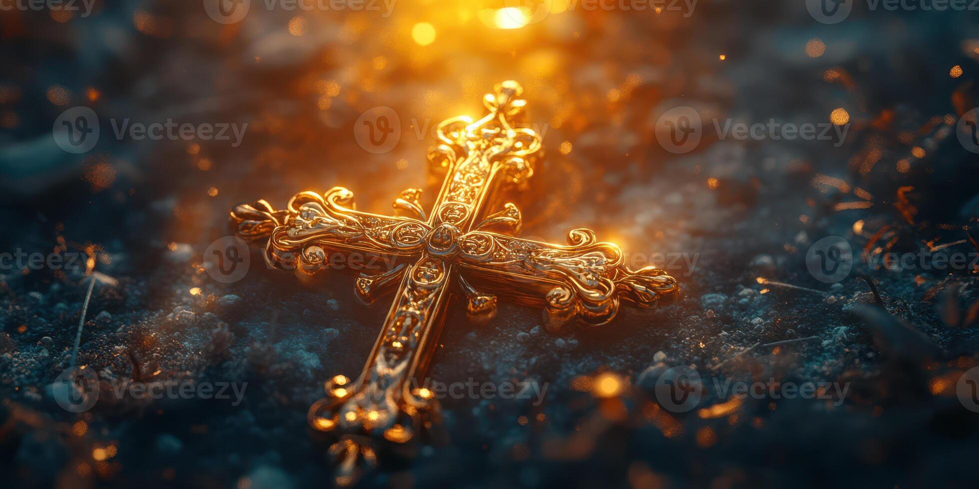 Glimmering golden cross resting on ground in soft light at dusk, surrounded by nature's subtle beauty photo