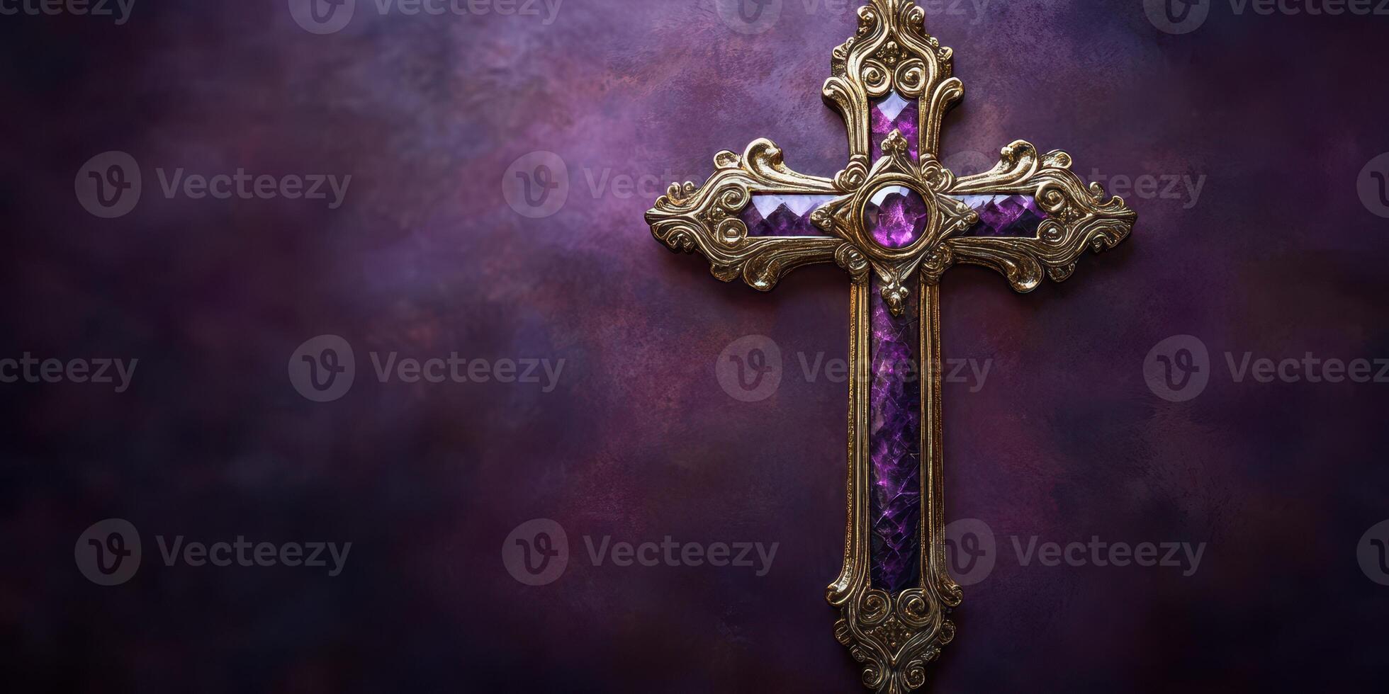 Ornate gold and purple cross displayed against a dark textured background emphasizing craftsmanship and spirituality photo