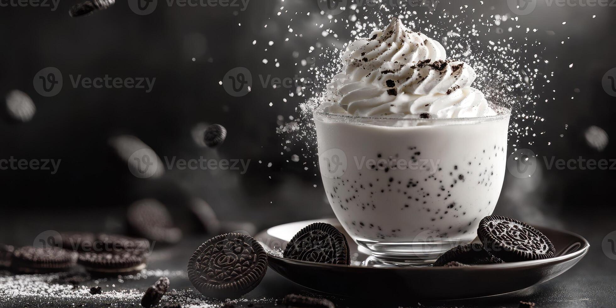 Delicious dessert featuring whipped cream and cookie crumbles on display in a dark setting photo
