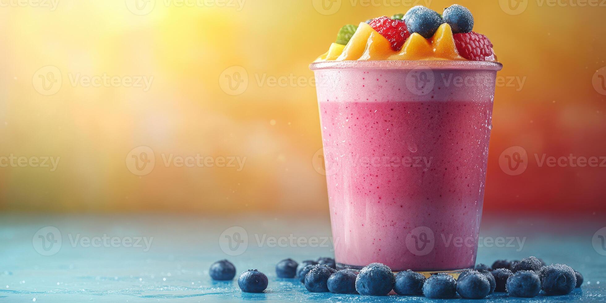 Colorful fruit smoothie served in a cup with blueberries and raspberries on a bright background photo