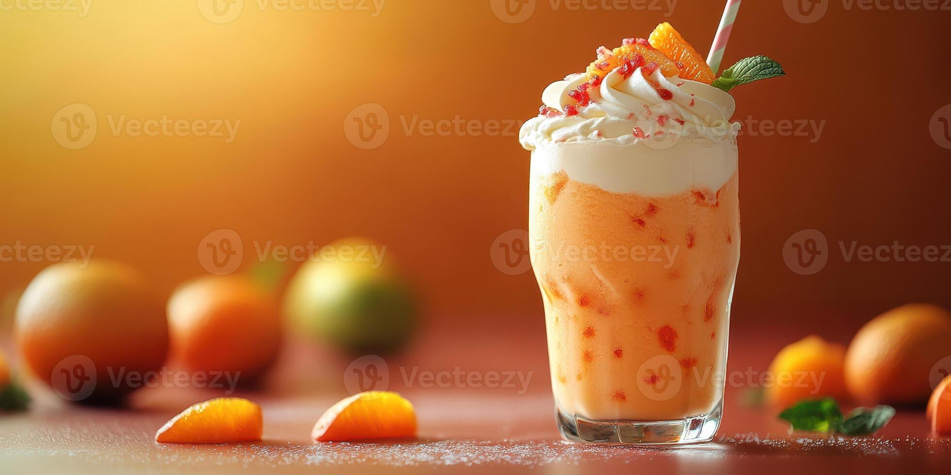 Refreshing citrus drink topped with whipped cream and fruit on a sunny counter photo