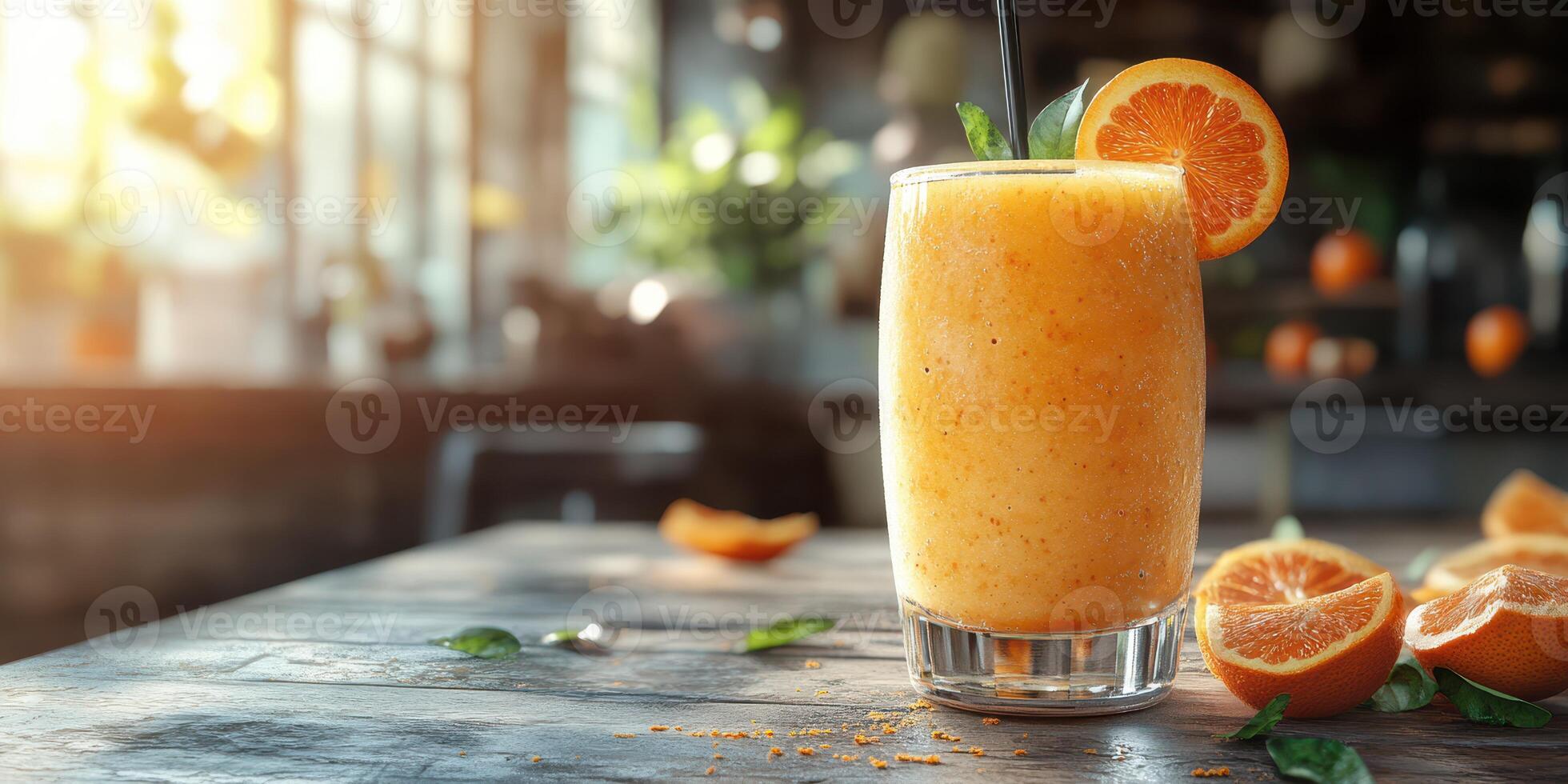 Fresh orange smoothie served in a glass with fruit slices on a rustic wooden table in a bright cafe setting photo