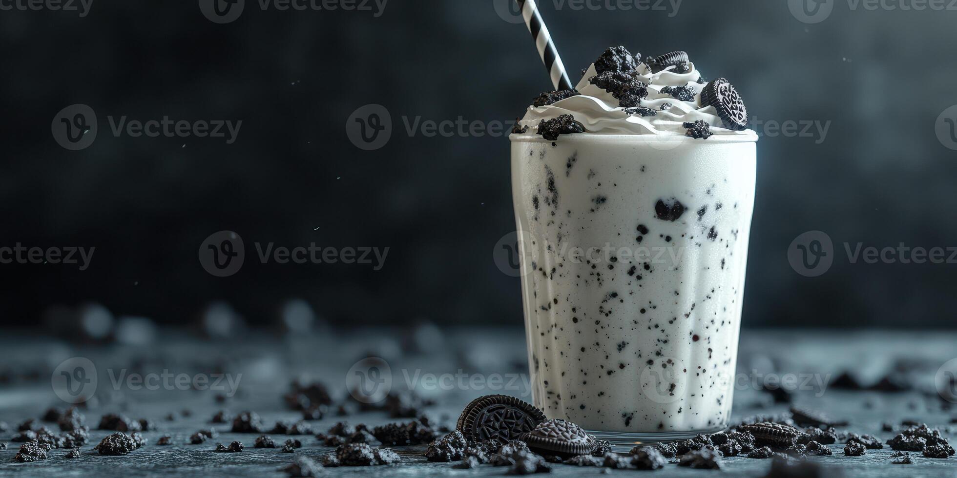 Creamy dessert shake topped with crushed cookies in a stylish glass on a dark background photo