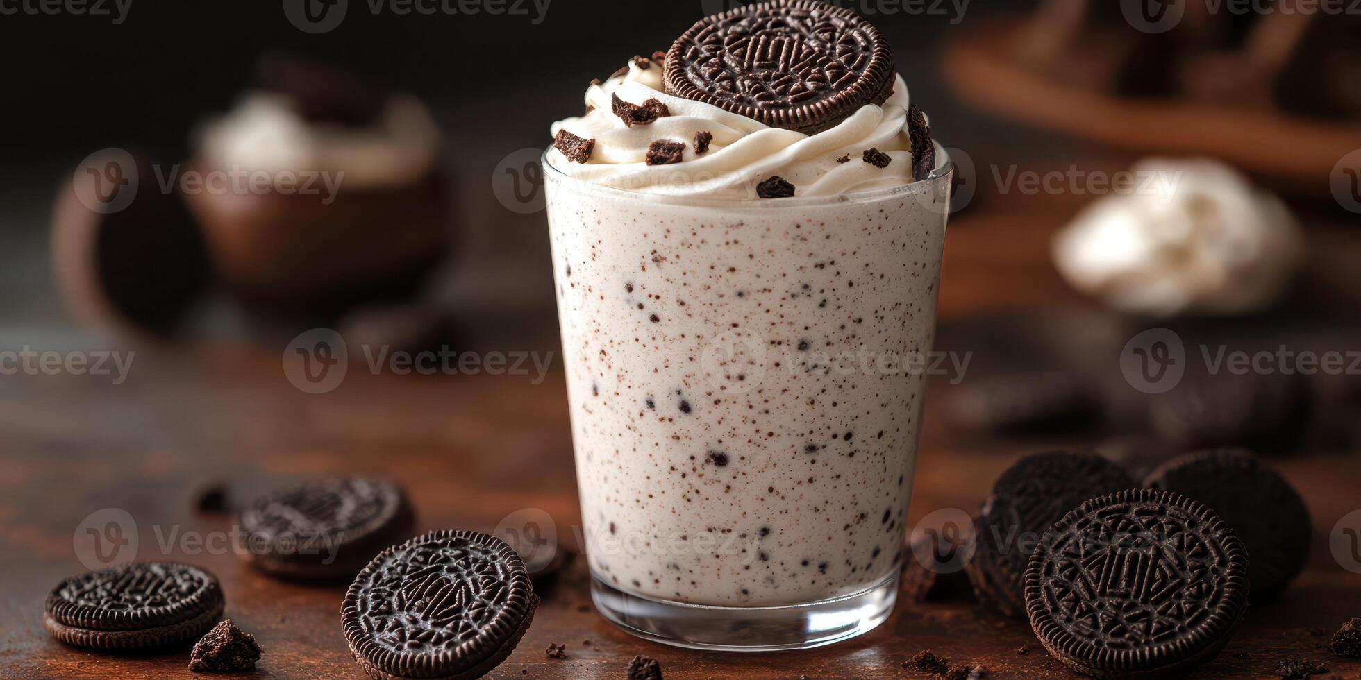 Creamy dessert drink topped with crushed cookies served in a clear glass on a wooden table photo