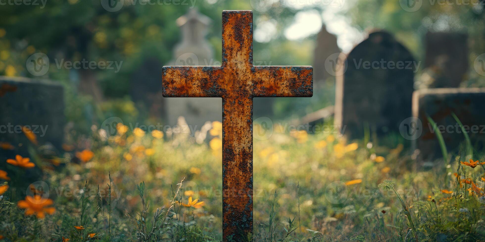 Rusty cross stands among colorful flowers in an old cemetery during golden hour, creating a serene atmosphere photo