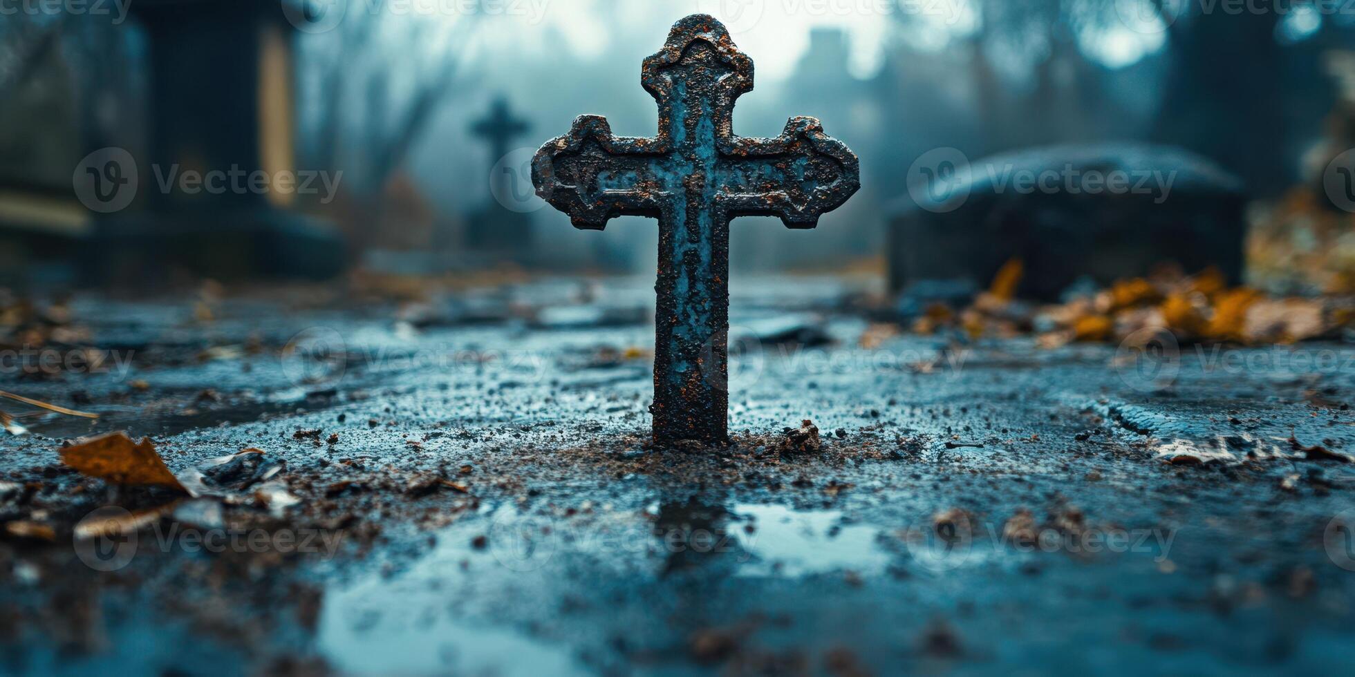 Cross rising from the ground in an old graveyard during a foggy autumn day photo