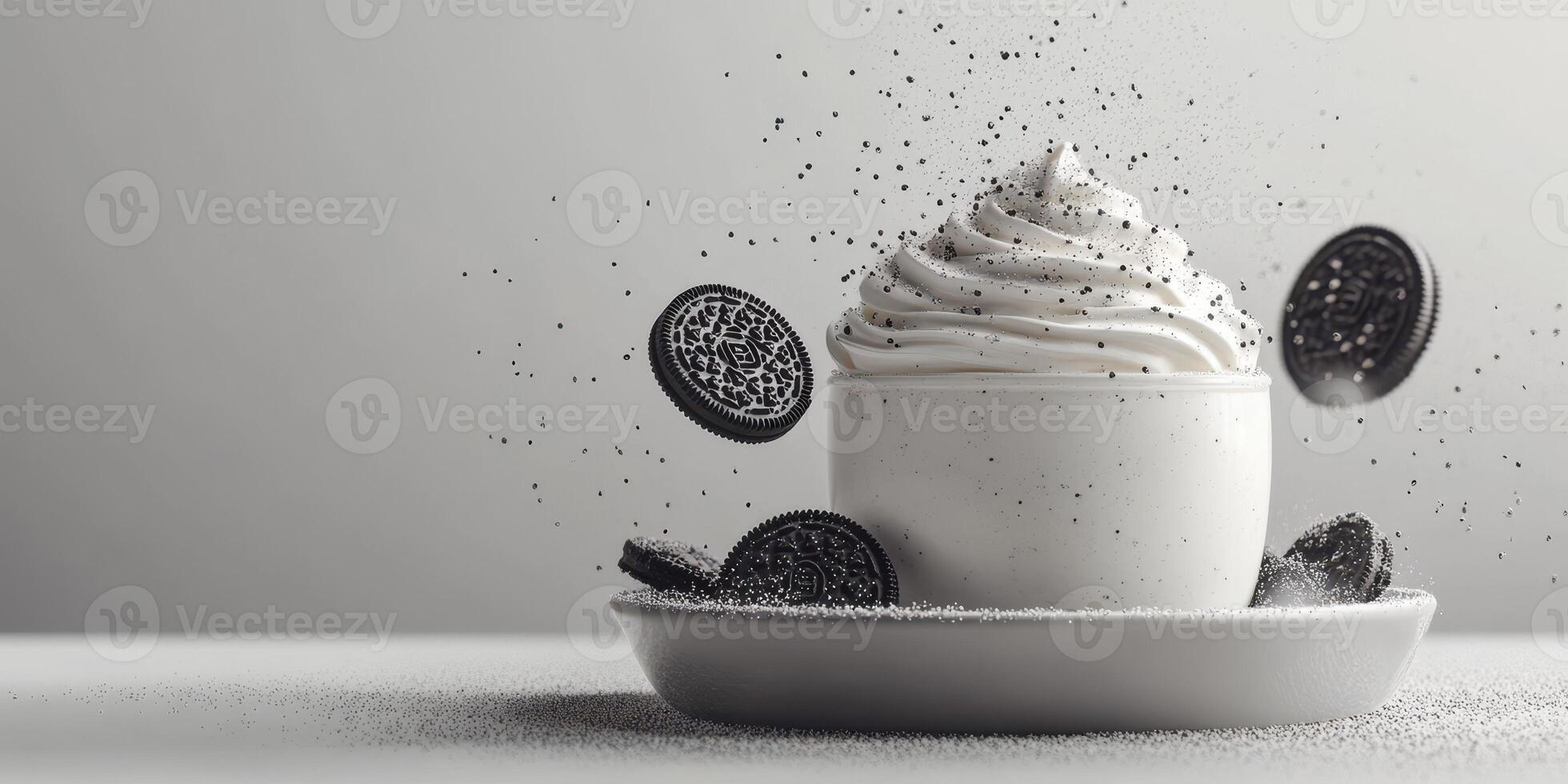 Creamy dessert with whipped topping and cookies in a minimalist setting showcasing a sweet treat moment photo