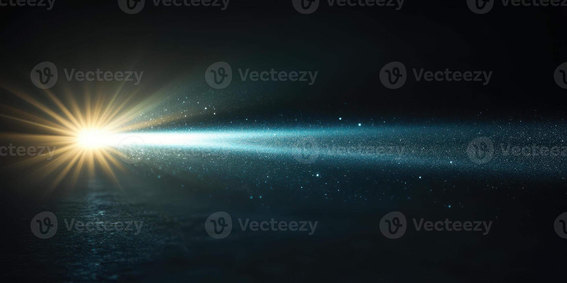 Bright light beams illuminating a dark space with particle effects in motion at a nighttime setting photo